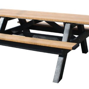 The Vestil Picnic Table Poly Aframe 2896 Bk Leg Cedar Top-Ada features a cedar top with a natural wood finish and blue accents, supported by sturdy black A-frame legs. This ADA-compliant model combines durability and style for any outdoor gathering.