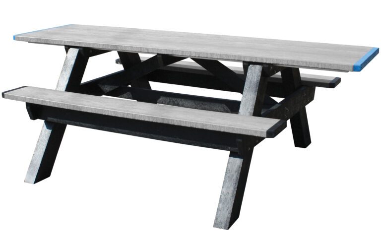 The Vestil Picnic Table Poly Aframe 2896 Bk Leg Gray Top-Ada features a gray top and fixed benches with black legs, combining stylish design with an angled structure for stability and accessibility, perfect for outdoor gatherings.