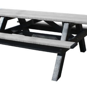 The Vestil Picnic Table Poly Aframe 2896 Bk Leg Gray Top-Ada features a gray top and fixed benches with black legs, combining stylish design with an angled structure for stability and accessibility, perfect for outdoor gatherings.