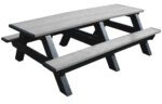 The Vestil Picnic Table Poly Aframe 2896 features a gray top with black edges in an A-frame design. Its rectangular shape includes benches aligned parallel to the long sides, and four sets of legs enhance stability, making it a stylish piece against any white backdrop.
