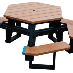 The Vestil Picnic Table Poly Hex 3944 Black Leg Cedar Top-Ada combines style and function with a cedar top, blue-accented bench edges, a robust black metal frame, attached benches, and an umbrella hole in its hexagonal design.