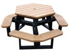 The Vestil Picnic Table Poly Hex 3944 features a cedar top with black metal legs, a hexagonal shape, attached benches, and a central umbrella hole, blending functionality and style in its light brown hue.