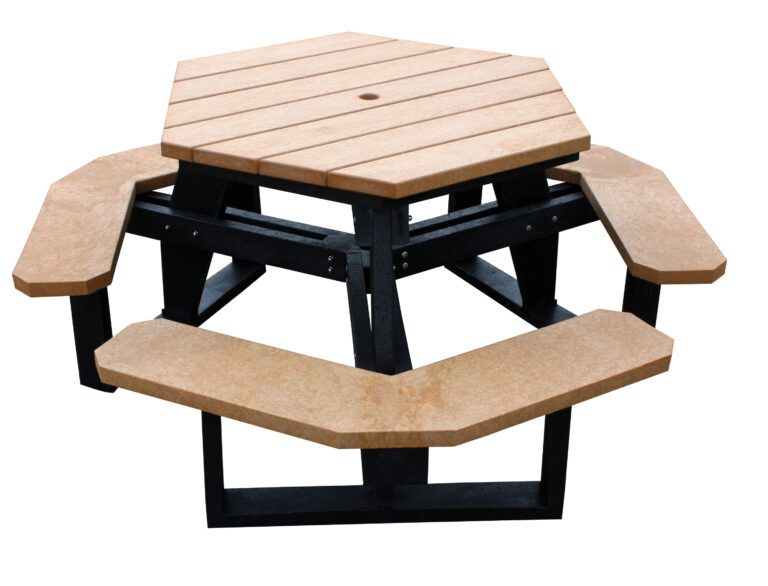 PT-PHX-3944-BKCD_A.jpg The Vestil Picnic Table Poly Hex 3944 features a cedar top with black metal legs, a hexagonal shape, attached benches, and a central umbrella hole, blending functionality and style in its light brown hue.