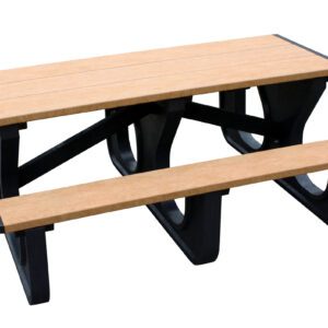 The Vestil Picnic Table Poly Walk Thru 2872 features a cedar top with built-in benches, a modern black frame with curved legs, and a light brown finish against a plain white background.