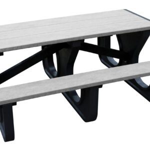 The Vestil Picnic Table Poly Walk Thru 2872 features a light grey rectangular top with matching bench seats, designed for outdoor durability. Black legs add striking contrast for style and strength, making it perfect for any alfresco setting.