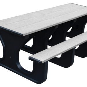 The Vestil Picnic Table Poly Walk Thru 2896 Bk Leg Gray Top features a spacious light gray table with attached benches and sturdy black legs, offering a striking contrast. This design comfortably accommodates multiple people, making it ideal for outdoor gatherings.