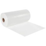 A large roll of MH-USA 8 x 725 - 6 Mil Poly Tubing (725/Roll) is partially unrolled, highlighting its transparent surface.