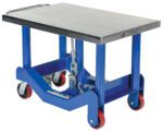 The Vestil Low Profile Post Lift Table 4000 Lb has a blue hydraulic lift, flat metal top, and red caster wheels for stability and easy movement on a sturdy frame.