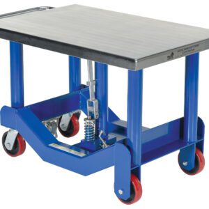 The Vestil Low Profile Post Lift Table 4000 Lb has a blue hydraulic lift, flat metal top, and red caster wheels for stability and easy movement on a sturdy frame.
