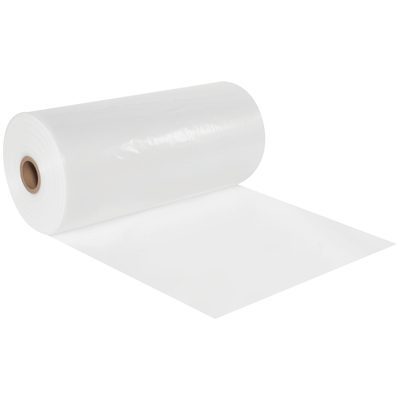 PT1503.jpg The MH-USA 15 x 1450 - 3 Mil Poly Tubing features a large, glossy white plastic film partially unrolled, displaying its smooth, shiny surface and striking translucency as it reflects light.