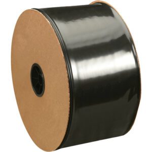 A large roll of MH-USA 18 x 725 - 6 Mil Black Poly Tubing, featuring brown circular ends and a black core, showcases its smooth, glossy film wrapped tightly around the roll, emphasizing robust construction and practical design.