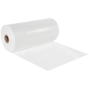 An MH-USA 22 x 2900 - 1.5 Mil Poly Tubing roll unrolls halfway and rests elegantly on a white surface.
