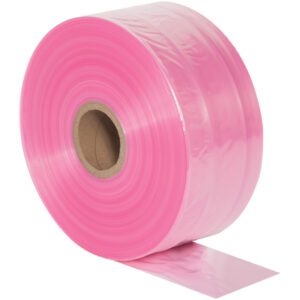 The MH-USA 6 x 2150 - 2 Mil Anti-Static Poly Tubing features a tightly wound pink plastic film on a cardboard core, showcasing its smooth and glossy texture.