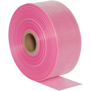 A large roll of MH-USA 6 x 1075 - 4 Mil Anti-Static Poly Tubing (1075/Roll) in pink, unwound to show a short flat section with the cardboard core visible at the center.