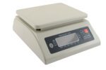 The Vestil Plastic Parts Scale 66 Lb Capacity features a waterproof digital design with a flat platform, sleek control panel, ON/OFF and TARE buttons, and a display screen for precision. The light gray scale accommodates up to 66 lbs and is currently off.