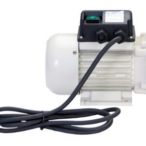 The Vestil Electric Def Pump 115V AC 9 GPM has a white ribbed cylindrical casing, a black power cord and plug, a black control box with a green button for easy use, delivering efficient performance.