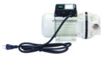 The Vestil Electric Def Pump 12V DC 9 GPM sports a white motor casing and black top, featuring a standard plug with a power cord that connects seamlessly to the front inlet and outlet ports.