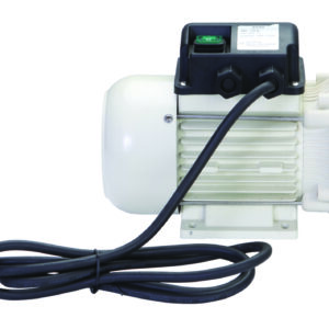 The Vestil Electric Def Pump 12V DC 9 GPM sports a white motor casing and black top, featuring a standard plug with a power cord that connects seamlessly to the front inlet and outlet ports.
