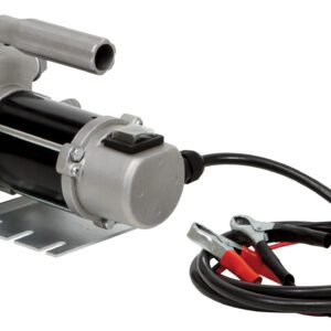 The Vestil Electric Diesel Pump Up To 12 GPM, featuring a black and silver cylindrical body on a sturdy stand, comes with attached cables and red/black alligator clips for efficient liquid transfer through its ports.