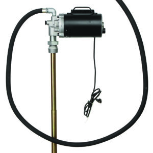 The Vestil Elec Oil Pump High Flow 8 GPM 115V AC features a sleek black motor housing, long metal intake tube, and flexible hose with nozzle and red valve, ensuring efficient fuel transfer and consistent operation with its power cord.