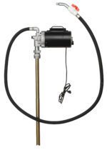 The Vestil Electric Oil Pump offers up to 4.4 GPM with a 115V AC motor in black, featuring a long hose, a red control lever on the dispensing nozzle, and an extended power cord. Its metallic intake tube is perfect for drum insertion, ensuring efficiency and practicality.