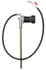 The Vestil Electric Oil Pump (Up To 3.5 GPM, 12V DC) features a black cylindrical motor, long nozzle, flexible hose, and a red switch on the handle, perfect for efficiently transferring fuel from large containers.