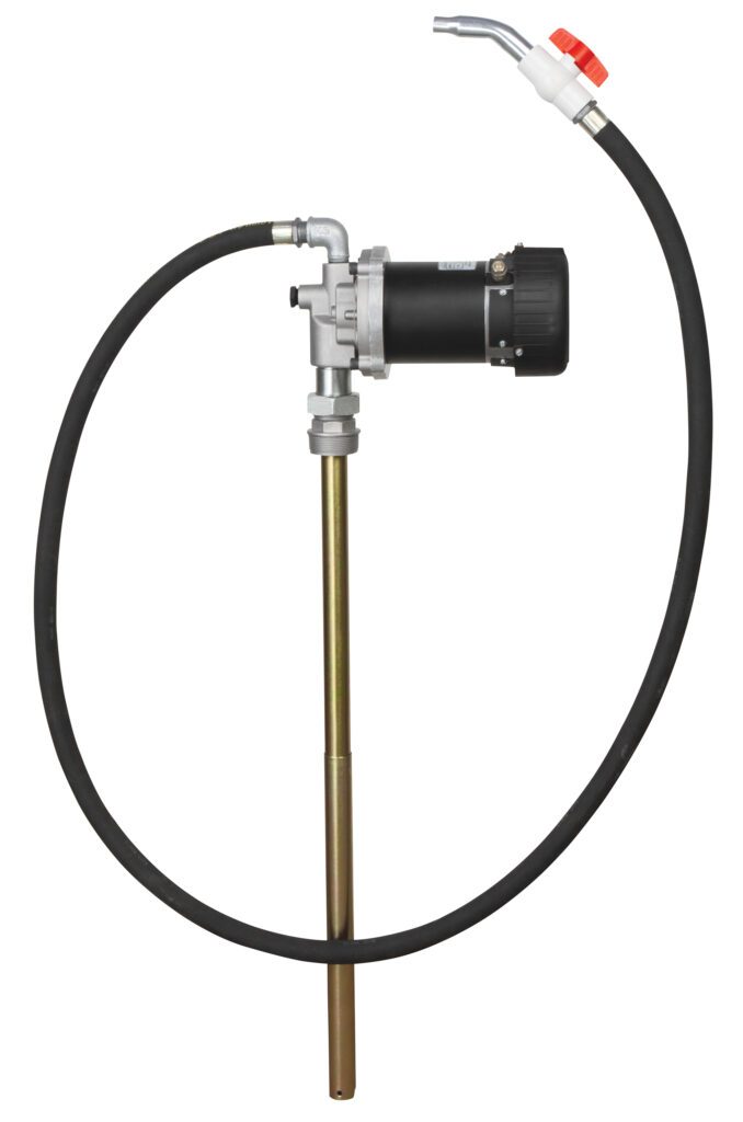 The Vestil Electric Oil Pump (Up To 3.5 GPM, 12V DC) features a black cylindrical motor, long nozzle, flexible hose, and a red switch on the handle, perfect for efficiently transferring fuel from large containers.