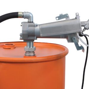 The Vestil Fuel Pump Electric can deliver up to 15 GPM using a 12V DC motor. It features an orange metal drum with a metallic, angled trigger nozzle, black hose, and cable.