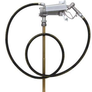 The Vestil Fuel Pump Ele Hd Up To 20 Gpm 12V Dc is displayed with a coiled black hose and a nozzle against a white background, featuring a brass-colored tube for efficient fuel delivery.