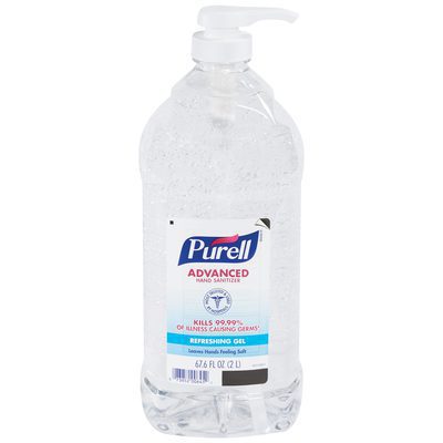PUR1550.jpg The PURELL® Hand Sanitizer - 68 oz. (4/Case) features a convenient pump top, promises to kill 99.99% of most germs, and provides a refreshing gel experience in its large bottle.