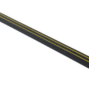 A black rubber parking curb with two yellow lines on top, resembling the Vestil Rubber Corner Guard 2-3/8 In. X 3/4 In, features four hollow sections at one end.