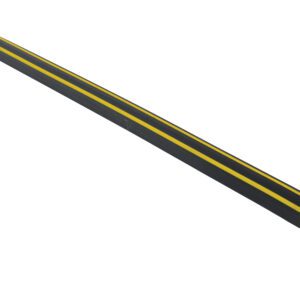 The pencil mimics the striking design of the Vestil Rubber Corner Guard, featuring bold yellow stripes against a long, hexagonal black body with a black eraser.