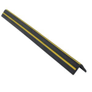 The Vestil Rubber Corner Guard V-Guard, sized 2 in. x 2 in., showcases a bold black and yellow L-shape with textured horizontal ridges to boost safety.