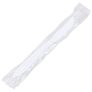 The MH-USA Individually Wrapped White Plastic Knives (1000/Case) are sealed in transparent packaging and shown against a plain white background.