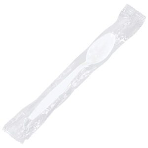 The MH-USA Individually Wrapped White Plastic Spoons (1000/Case) feature a single white spoon sealed in clear plastic, elegantly displayed against a plain white backdrop, epitomizing simplicity and utility.