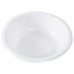 The MH-USA Paper Bowls - 20 oz. Heavy-Duty variety, sold in cases of 500, features a plain white design with a smooth, slightly glossy surface. Its round shape and thin rim highlight its simplicity, as it is displayed empty against a white background.