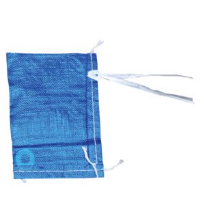 The Vestil Blue Polypropylene Parts/Sand Bag 8 In has a textured woven design, two white drawstrings at the top, and features a circular logo on its lower corner. Its vibrant blue color stands out against a white background.