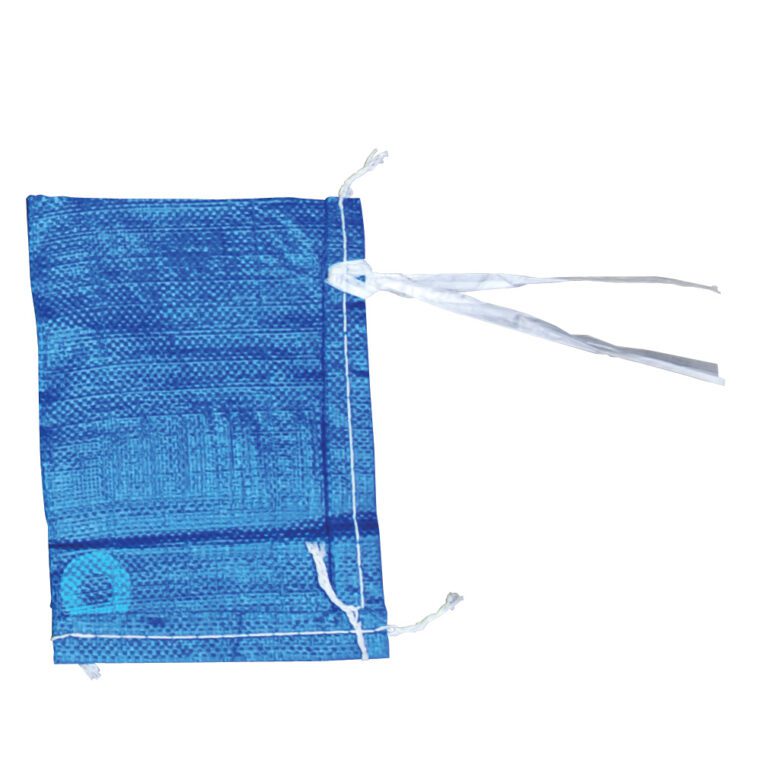 The Vestil Blue Polypropylene Parts/Sand Bag 8 In has a textured woven design, two white drawstrings at the top, and features a circular logo on its lower corner. Its vibrant blue color stands out against a white background.