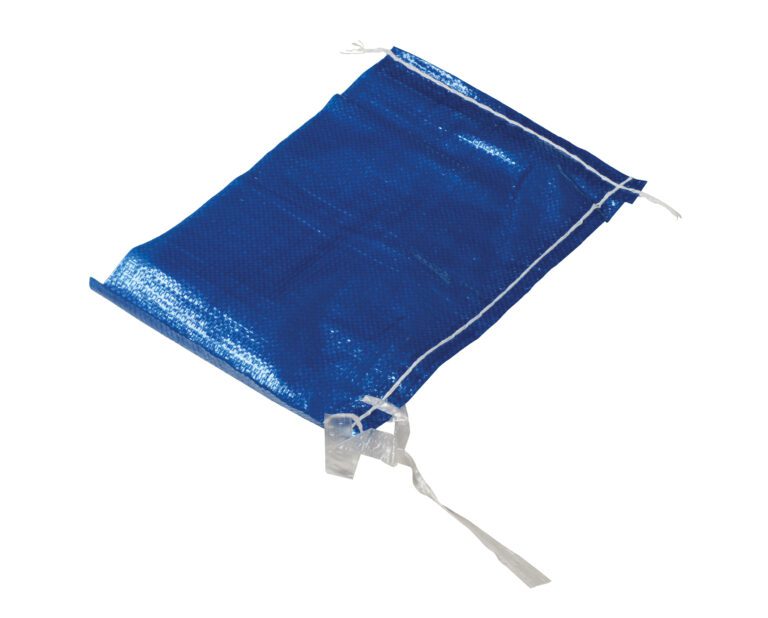 A Vestil Blue Polypropylene Parts/Sand Bag 12 In is shown against a white background, featuring an open blue drawstring mesh with white strings hanging from the top.