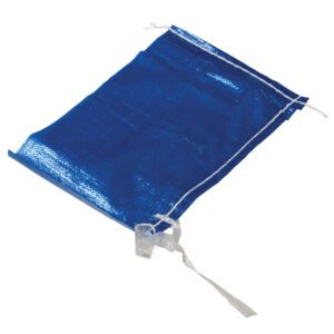 A Vestil Blue Polypropylene Parts/Sand Bag 12 In is shown against a white background, featuring an open blue drawstring mesh with white strings hanging from the top.