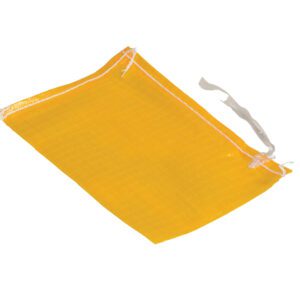 The Vestil Yellow Polypropylene Parts/Sand Bag 12In, shown flat on a white background, has a drawstring closure for easy access. Perfect for versatile uses, the bags partially pulled drawstring offers convenient functionality.