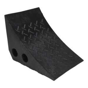 The Vestil Recycled Black Plastic Wheel Chock is a durable, triangular black rubber safety tool with a textured surface and two side holes to effectively prevent vehicle movement.