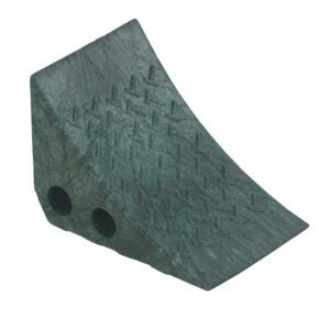 The Vestil Recycled Green Plastic Wheel Chock acts like a textured doorstop wedge with two holes, featuring small triangles on its surface. Its simple inclined plane design is crafted to hold doors open securely.