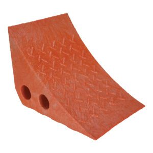 The Vestil Recycled Orange Plastic Wheel Chock, made of textured rubber, prevents vehicle movement with its sloped shape. It offers two handling holes for easy use, ensuring durability and convenience in a compact design.