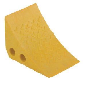 The Vestil Recycled Yellow Plastic Wheel Chock, with its textured surface and two side holes, is curved for a snug fit against round surfaces to securely prevent vehicle movement. Eco-friendly and effective.