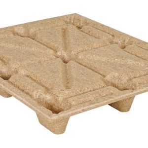 The Vestil Recycled Nestable Presswood Pallet 40.25 features nine evenly spaced legs and a square design, perfect for transporting goods. Its natural wood texture and grooves offer stability and promote sustainability during transport.