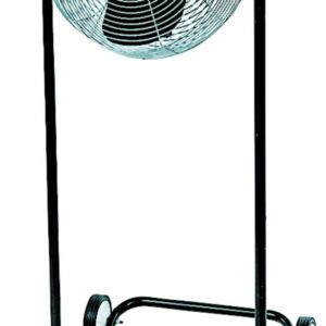 The Vestil Portable Work Station Fan 27 X 25 X 53 is a tall, black industrial fan with a protective metal grille. It stands on a sturdy wheeled frame for easy mobility and features three large blades for powerful airflow, perfect for heavy-duty use.