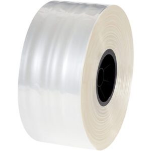 A large roll of clear plastic wrap with a black central spool, similar to MH-USA 3 x 1,000 - 2 Mil Polypropylene Tubing (1000/Roll), reflects light beautifully on its glossy surface while the translucent edges reveal tightly wound layers.