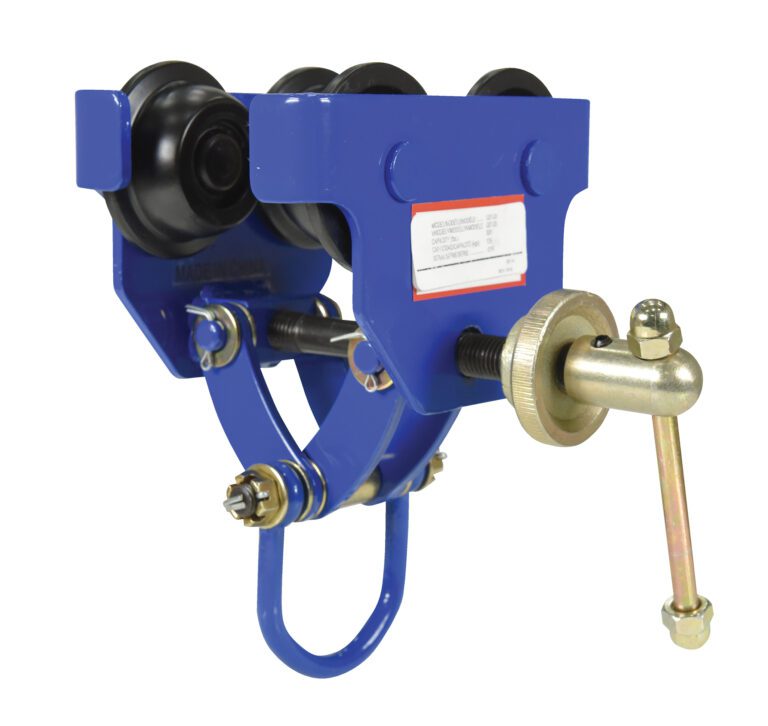 The Vestil Manual Trolley 300 Lb Capacity is a blue industrial tool with four black wheels, a metal screw adjustment mechanism, a sturdy bottom hook, and it features a red and white side label.