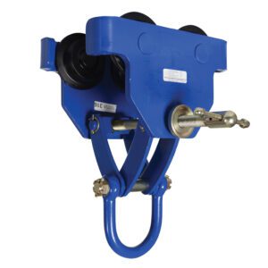 The Vestil Manual Trolley 10000 Lb Capacity has a sturdy blue metal frame with wheels for rail or beam sliding, a threaded adjustment mechanism, and includes a hook-like bottom component for secure movement.